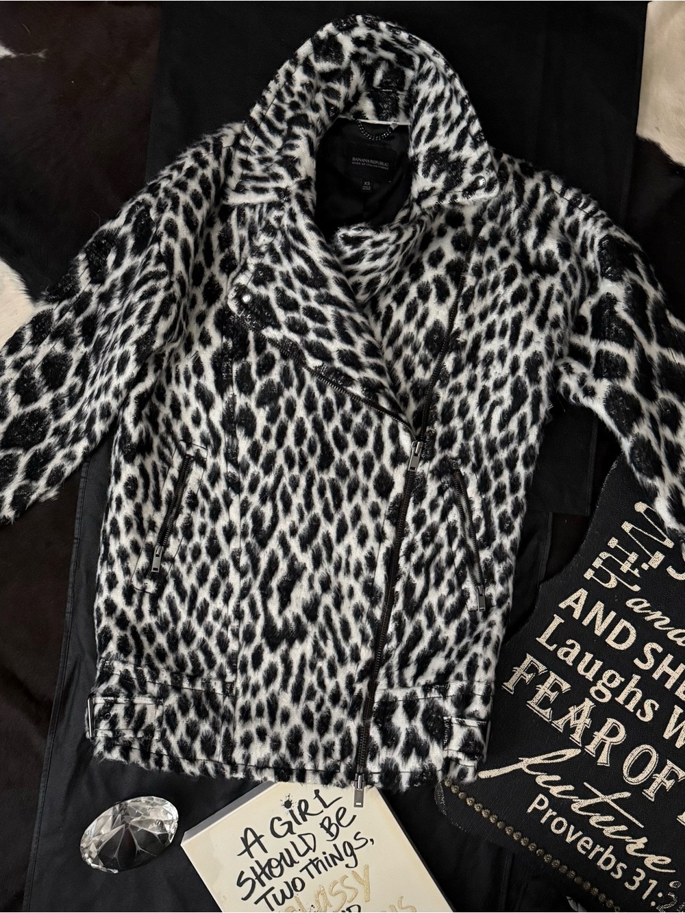 Banana Republic Black and White Leopard Faux-Fur Moto Jacket